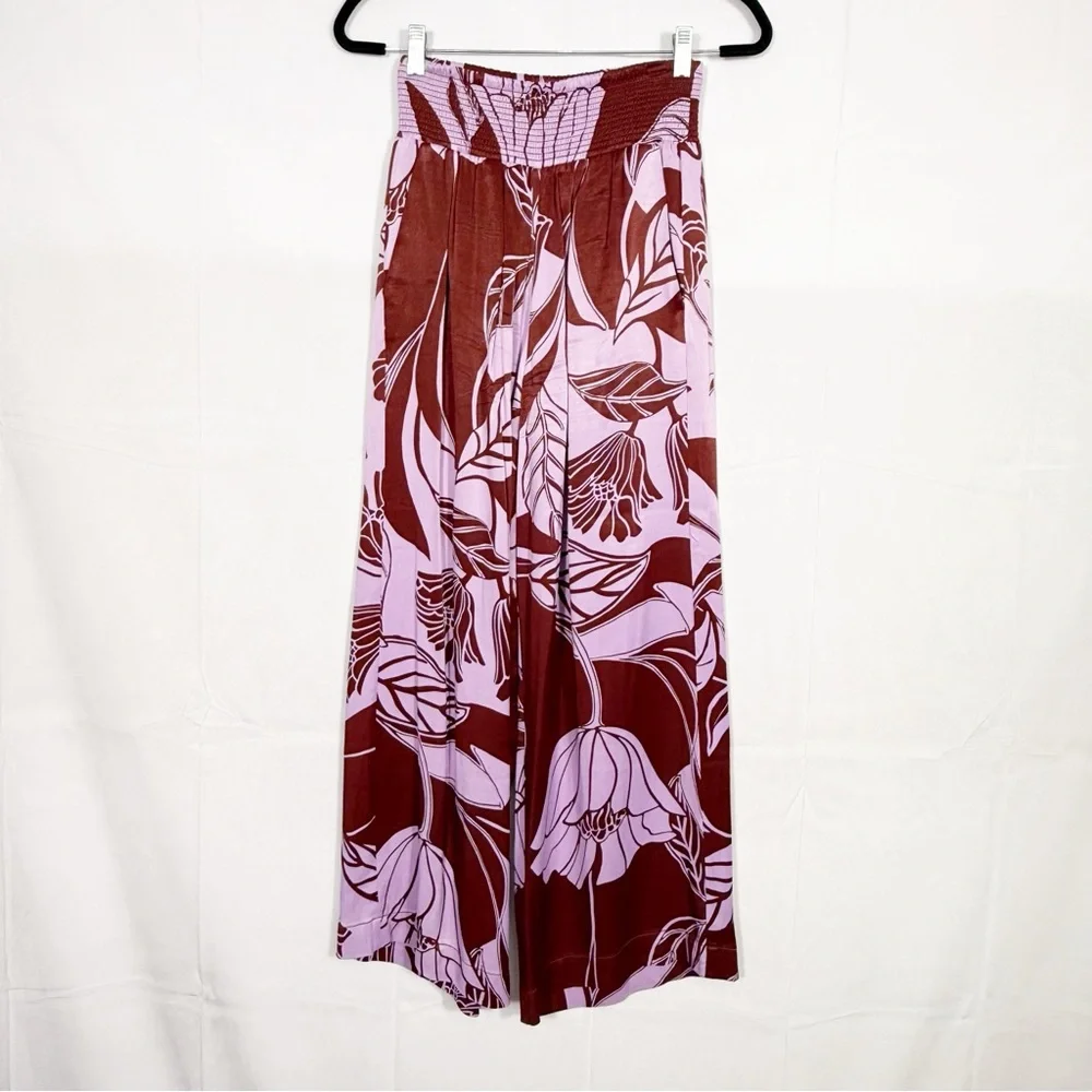 Maeve X Anthropologie Saria Smocked Wide Leg Pants Lilac Floral Tropical
